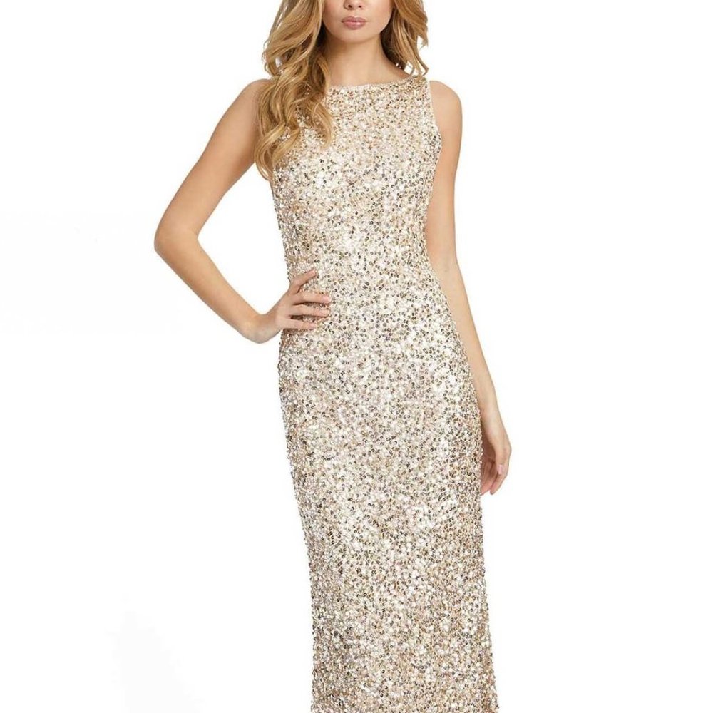 MAC DUGGAL Sequined Open-Back Gown Silver Nude